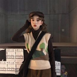 Retro Sweater Vest Female Loose Casual Wild Knitted Women Autumn Student Korean Version Ruched Cartoon V-neck Pullover 210427