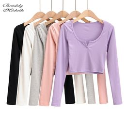 BRADELY MICHELLE Women Fashion Casual v-neck Knitted cotton Crop Tops full Elastic T- shirt 210324