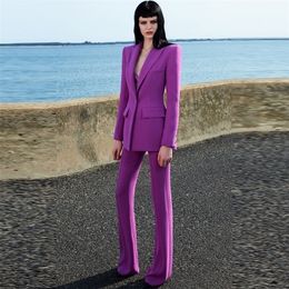 HIGH QUALITY est Runway Designer Suit Set Women's Single Button Blazer Flare Pants Fluorescent Purple 220315