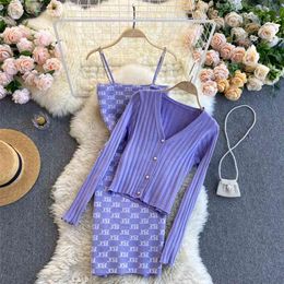 Women Knitted two piece sets Sexy Spaghetti Strap Sleeveless Print Bodycon Dress and Long Sleeve Sweater Cardigan Suits 210603
