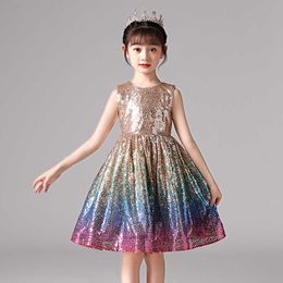 Girls Rainbow Sequin Dress for Kids Champagn Color Shiny Sleelvess Party Gown Clothing Birthday + 210529