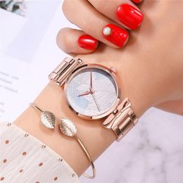 Wristwatches 2021 Ladies Watch Fashion Leaf Pattern Rose Gold Quartz Steel Belt Fresh Bracelet Montre Femme