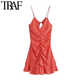 Women Chic Fashion Floral Print Pleated Mini Dress Vintage Backless Tied Thin Straps Female Dresses Vestidos Mujer 210507