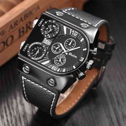 Oulm Homens Relógios Homens Quartzo Casual Couro Strap WristWatch Esportes Homem Multi-Time Militar Militar Relógio Relogios 210329