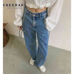 Streetwear Jeans Woman High Waist Splash-Ink Blue Printed Ripped For Women Straight Leg Pants Y2k Korean Fashion 210427