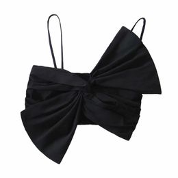 Spring Women Bowknot Decoration Black Suspender Shirt Female Pleated Short Blouse Casual Lady Sexy Crop Tops Blusas S8598 210430