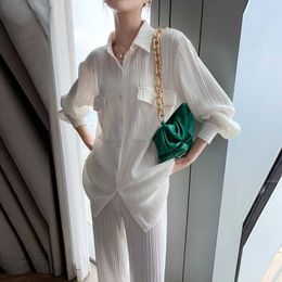 Bella White Pleated Wide Leg Pant'S Fashion Casual Loose Trousers Office Lady Elegant Long Palazzo 210930