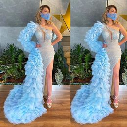Sky Blue Mermaid Prom Dresses Tiered Skirts Beading Evening Gowns Side Split Long Sleeve Formal Party Dress Sequined vestido de novia