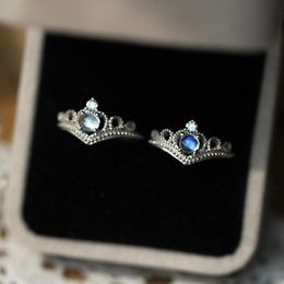 Original Design Crown Moonstone Opening Adjustable Ring Blue Color Light Retro Luxury Noble Charm Lady Silver Jewelry Cluster Rings