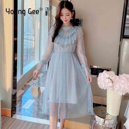 Young Gee Women Lace Ruffles Dresses Elegant Spring Summer Party High Waist Beading Tassel Tutu Midi Slim Fairy Dress Vestidos 210325