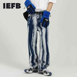 IEFB Tie Dyed Blue Jeans Men's Loose Straight Vintage Streetwear Fashion Denim Casual Pants Male Loose Trousers 9Y7100 210524