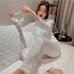 JULY'S SONG 4 Pieces Stain Silk Pyjamas Woman Pyjamas Set Spring Summer Sleepwear Jacquard Long Sleeves Women's Home Clothes 210831