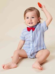 Baby Striped Textured Bow Front Shirt Bodysuit SHE