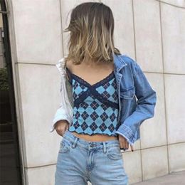 Sexy Black Lace Crop Top for Women Argyle Plaid Summer Camis Blouse Shirt Sleeveless Slim Tops Vinatge Harajuku Fashion 210427