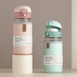 Cute Glass Water Bottle High Borosilicate Glass Coffee Mug Milk Cute Bottles With Cover Travel Glass Cup Safe Lock Flask Sleeve 210914