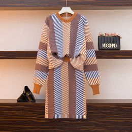 Autumn Winter Two piece suit Knit Sweater Pullovers+ Skirt Set 2 Pieces Causal Suits Ladies Irregular Striped Knitted Suit 210529