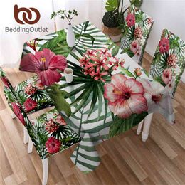 BeddingOutlet Flowers Kitchen Tablecloth Leaves Red Green White Waterproof Cloth Tropical Plants Decorative Cover 210626