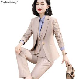 Apricot 3 Piece Set High-quality Women Work Pant Suit Blazer Suit For Office Lady Business Career Wear Jacket Vest and Pant 210927
