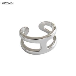 ANDYWEN 925 Sterling Silver Thick Open Resizable Rings Women Plain Luxury Party Special Gift Jewellery in Statement Wedding 210608