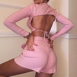 Women Tracksuit Blackless Drawstring Lace Up Solid O-neck Tshirt And Elastic Waist Pocket Shorts Female Suit Summer Fashion Sexy 210518