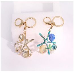 Sweet Rhinestone Ocean Keychain Crystal Creative Gifts Starfish Keyring Scallop Ornaments Women Car Pendant Jewellery