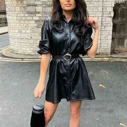 Women Spring Chic Belt Leather Mini Dress Female Buttons Turn-down Collar Dresses Ladies Casual Streetwear Outfit 210531