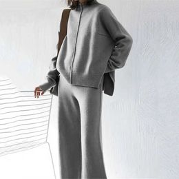 Autumn Winter Simple Solid Office Lady Sets Loose Warm Knitted Outfit Fashion Turtleneck Pullover and Wide Leg Pants Suit 210930