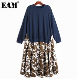 [EAM] Women Blue Fake Two Pleated Printed Big Size Dress Round Neck Long Sleeve Loose Fit Fashion Spring Autumn 1DD8221 21512