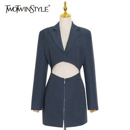 TWOTWINSTYLE Sexy Tunic Dress For Women V Neck Long Sleeve High Waist Hollow Out Solid Mini Dresses Female Fashion Clothing 210517