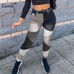 90s Colour Block Boyfriend Skinny Jeans For Women Streetwear Black Blue Contrast Stitch High Waisted Pencil Pants Denim Trousers 220224