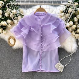 Neploe Vintage Court Style Ruffles Patchwork Blouse Women O Neck Short Sleeve Multicolor Blusas Summer Holiday Shirt 210510