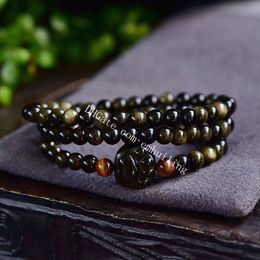 6mm Natural Gold Sheen Obsidian Tiger Eye Beads Prayer Strand Bracelets Vintage 3 Laps Golden Flash Gemstone Animal Cat Dog Paw Footprint Charm Bead Bracelet