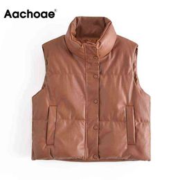 Aachoae Women Autumn Winter PU Faux Leather Parka Coats Solid Single Breasted Waistcoat With Pockets Female Fashion Casual Coat 211118