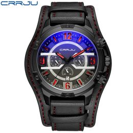 CRRJU Men Six-pin Chronograph Sport Quartz Watches Male Fashion Gift Wristwatch with Leather Strap Military Clock erkek saatleri 210517