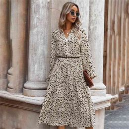 Spring Long Sleeve Midi Dress Women Autumn Leopard Print Loose White Green Casual Dresses Fashion Elegant Clothing Fall 210806