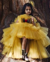 2021 Yellow Hi-Lo Flower Girl Dresses Ball Gown Tulle Tiers Lilttle Kids Birthday Pageant Weddding Gowns ZJ001