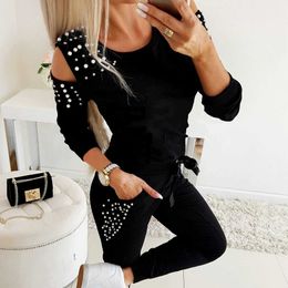 Two Piece Women Clothing Sets Casual Tracksuit Clothing Outfit Long Sleeve Pearl Hollow Out Solid Lady Clothes Top And Pants D40 Y0625