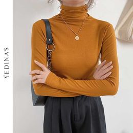 Yedinas Women Turtleneck Sweater Autumn Winter Tops Slim Pullover Fleece Base Shirt Korean Ladies Clothes Spring Jumper 210527