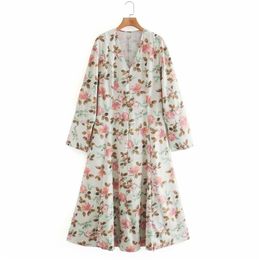 Summer Women Vintage Dress Long Sleeve V-Neck Floral Print es Female Elegant Fashion Maxi Clothes vestidos 210513