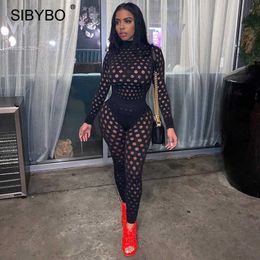 Sibybo 2 Piece Set Sexy Hollow Out Outfit Women Autumn Hole Long Sleeve Tops And Leggings Femme Casual See Through Matching Sets Y0625