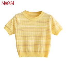 Tangada Korea Chic Women Striped Pattern Summer Sweater Short Sleeve Ladies School Style Knitted Jumper Tops AI90 210609