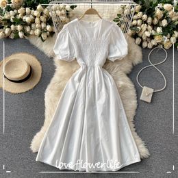 LoveFlowerLife Summer Vintage Solid Puff Sleeve Dress Aline O Neck High Waist Mid-Calf Women Party Dresses 210521