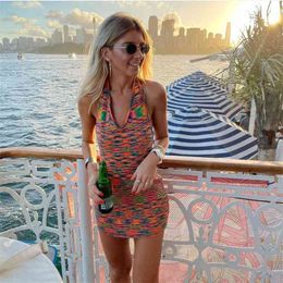 V Neck Knitted Dress Bodycon Blue Women Halter Backless Bandage Summer Beach Sleeveless Sexy Color Mini Dresses Female 210522