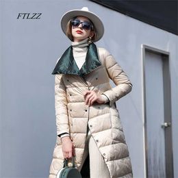 FTLZZ Women Double Sided Down Long Jacket Double Breasted Snow Outwear Warm Parka Stand Collar Lapel 90% White Duck Down Coat 211007