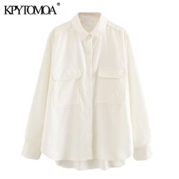 KPYTOMOA Women Fashion Pockets Loose Blouses Vintage Lapel Collar Long Sleeve Side Vents Female Shirts Blusas Chic Tops 210317