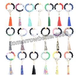 Beads Bracelet Key Rings Party Gift Wooden Bead Bangle Keychain PU Tassel Anti-lost Keyring