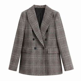 Vintage Woman Grey Plaid Patchwork Blazer Coat Spring Fashion Office Ladies Basic Booton Jackets Female Elegant Coats 210515