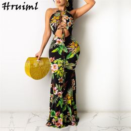 Fashion Arrival Dress Women Sexy Floral Printed Long with Tie Rope Clubwear Backless es for Elegant 210515