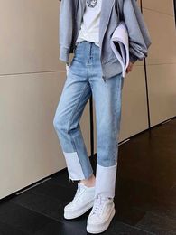 Kuho Korean Xiaoo20 Autumn Fashionable White Wide Edge Stitching Design High Waist Straight Tube Rough Nine Point Jeans