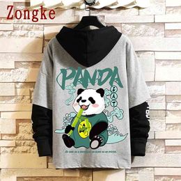 Zongke Panda Print Harajuku Hoodie Men Clothing Hip Hop Man s Japanese Streetwear Sweatshirt M-3XL Clothes 210813